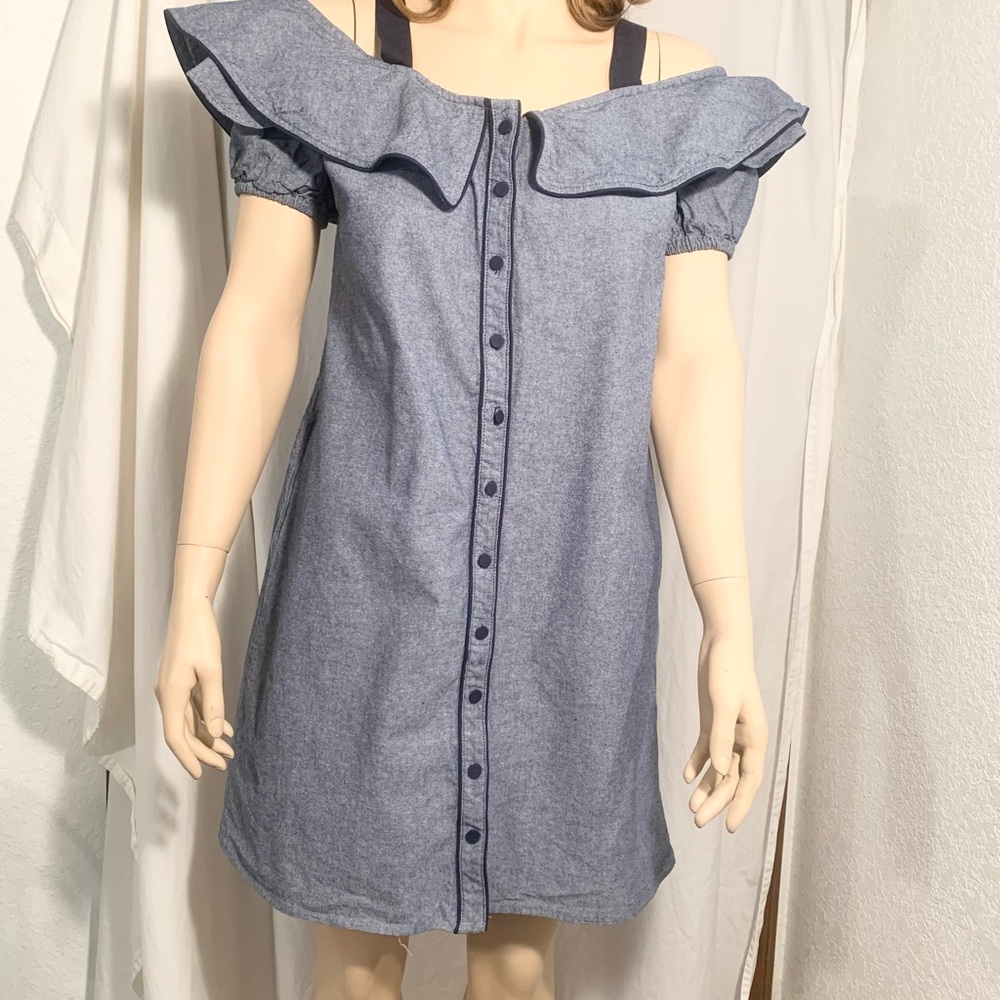 WOMENS MEDIUM BLUE SHORT BUTTON FRONT 2 POCKET RUFFLE SLEEVE & SHOULDER DRESS